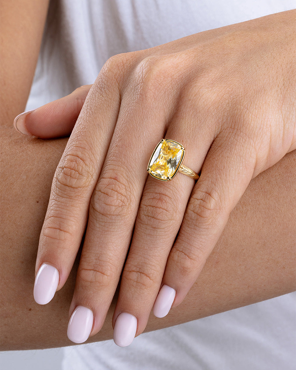 Sterling Silver Elongated Cushion Light Yellow CZ Cocktail Ring Secondary image