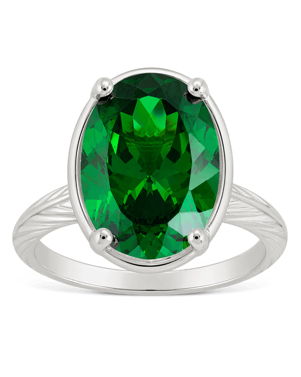 Sterling Silver Oval Cut Emerald CZ Cocktail Ring